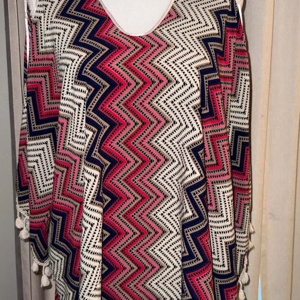Boho Geometric Chevron Tassel Poncho Cover Up Pink Navy Taupe Cream